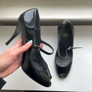 Stuart Weizman Black Patent Leather Peep Toe Mary Janes